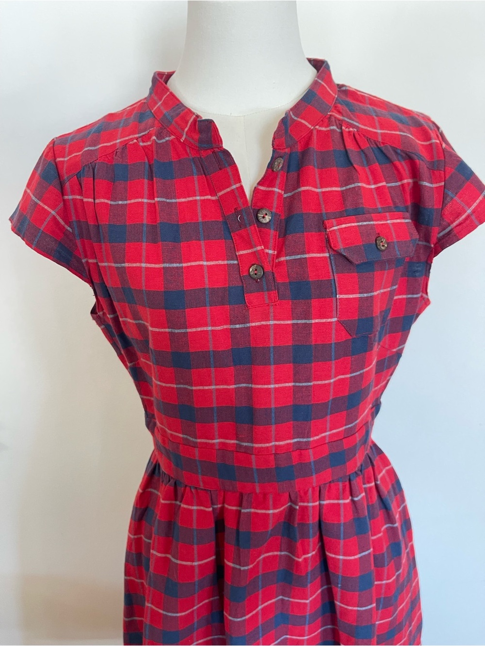 Retro Cotton Twee Red Blue Plaid Fit and Flare Dress Pockets Classic 1950's 60's - Picture 3 of 9